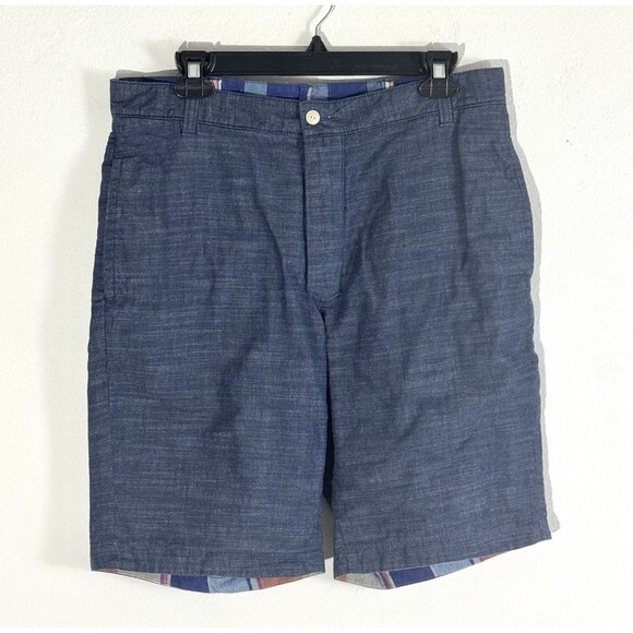 CREMIEUX Mens Bermuda Shorts Reversible Madras / Blue Chambray - Picture 2 of 16